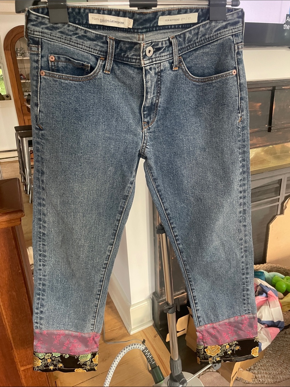 Pilcro and the Letterpress Blue Denim Cropped Jeans with Pink & Black Cuffs